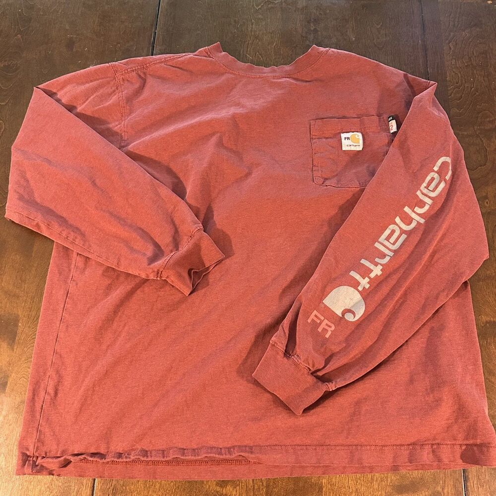 Carhartt Long Sleeve Shirt Red Distressed Thrashed - Men's Large - Pocket